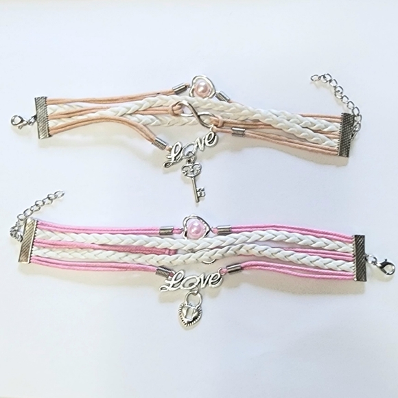 Set Friendship Love Key Lock Infinity Pearl Layer Charm Bracelet Adjustable Pink - Picture 2 of 8